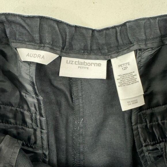 Liz Claiborne Audra 100% Linen Black Straight Leg Capri Pants Sz 12P 12 Petite - Picture 3 of 9